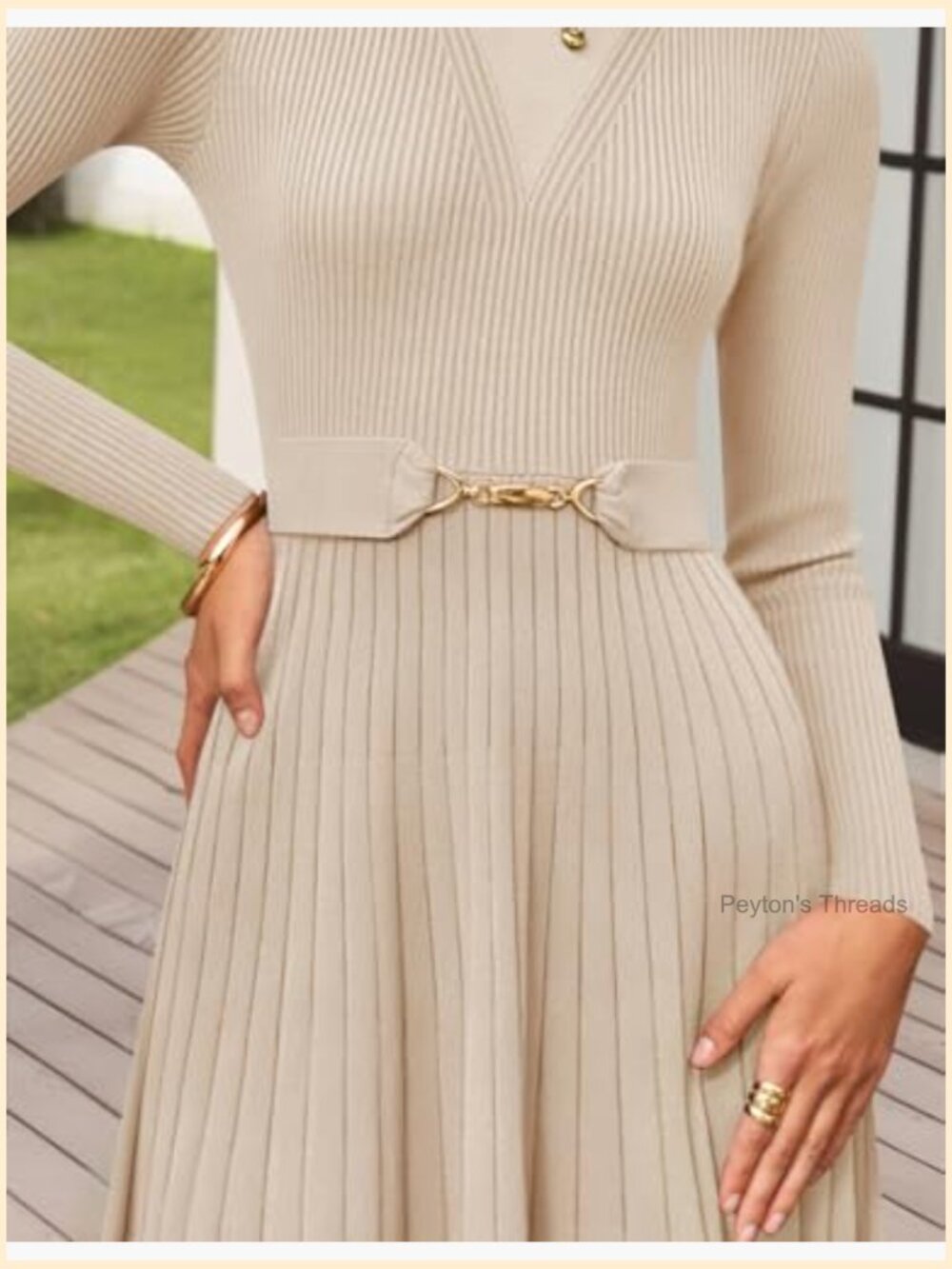 Long Sleeve Midi Sweater Dress Crewneck Knit A Line Pleated Flowy with Belt - Picture 4 of 7